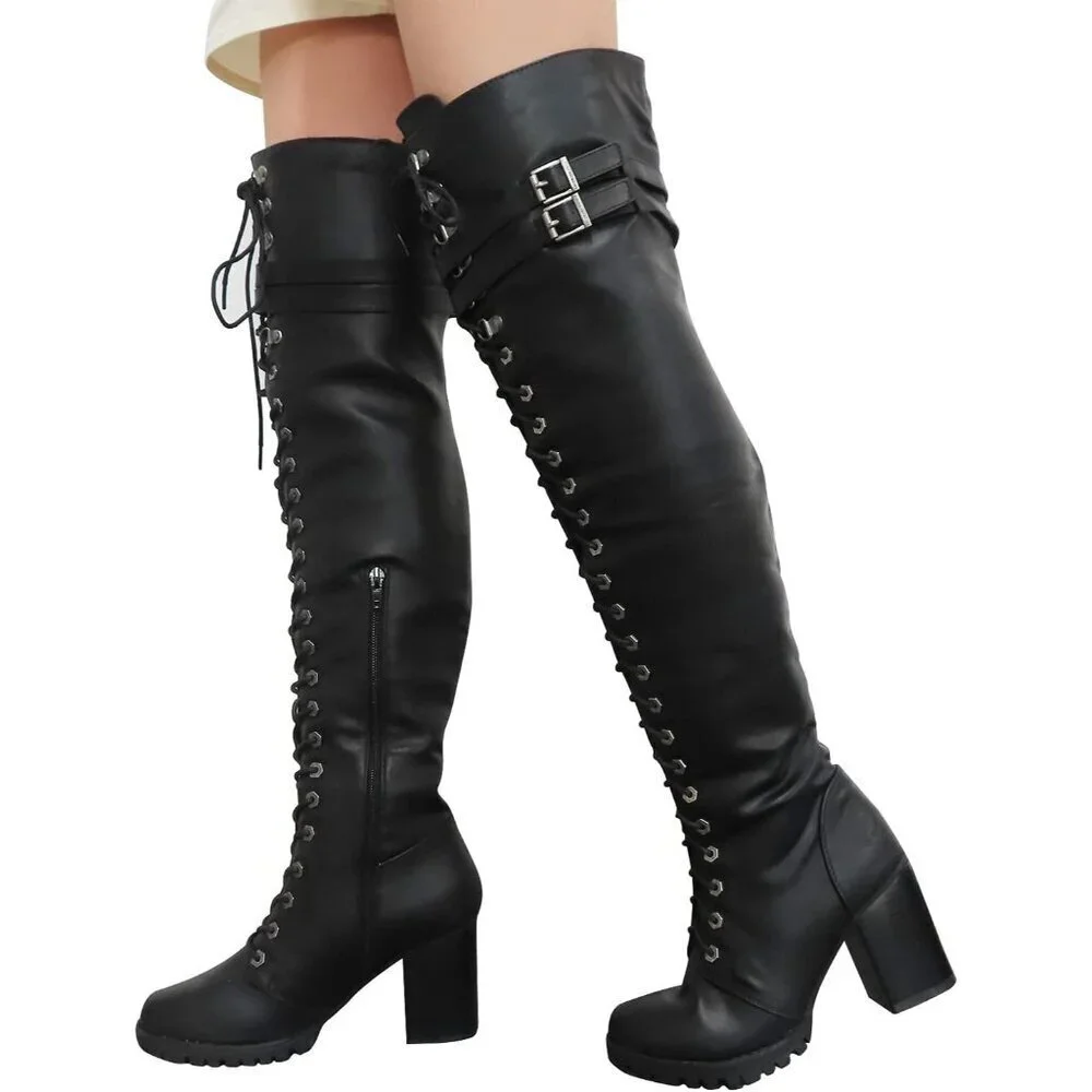 Women's Black Over The Knee Zip Buckle Soft Thigh High Lace Up Tall Boots